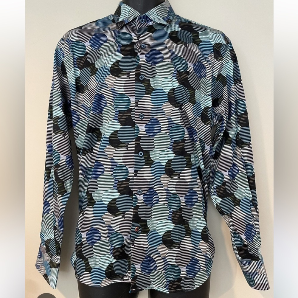 Men's Casual Button Down Shirt - Blue and Black Pattern